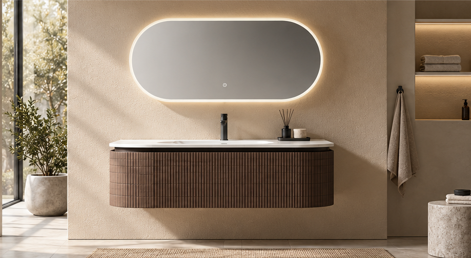 Walnut fluted floating vanity with illuminated oval mirror